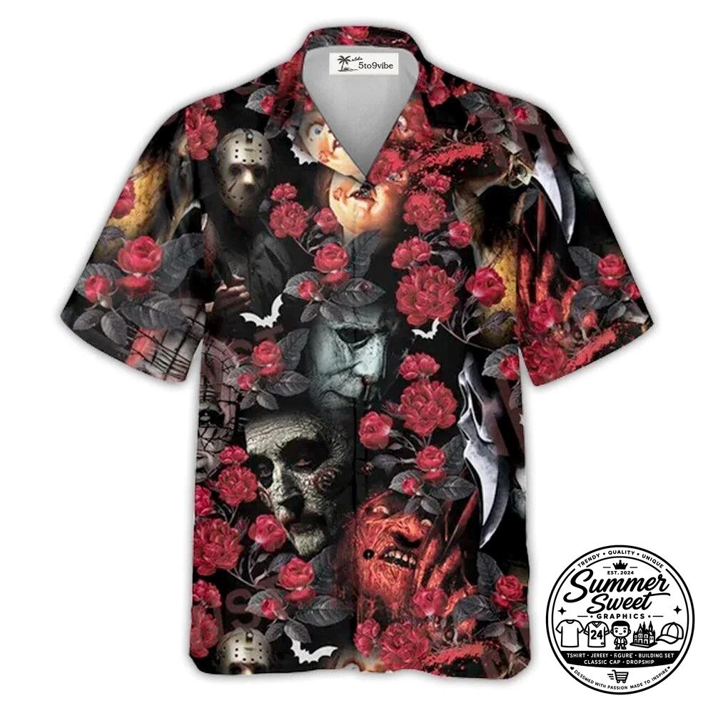 Halloween Horror Movie Characters Red Roses Tropical Hawaiian Shirt