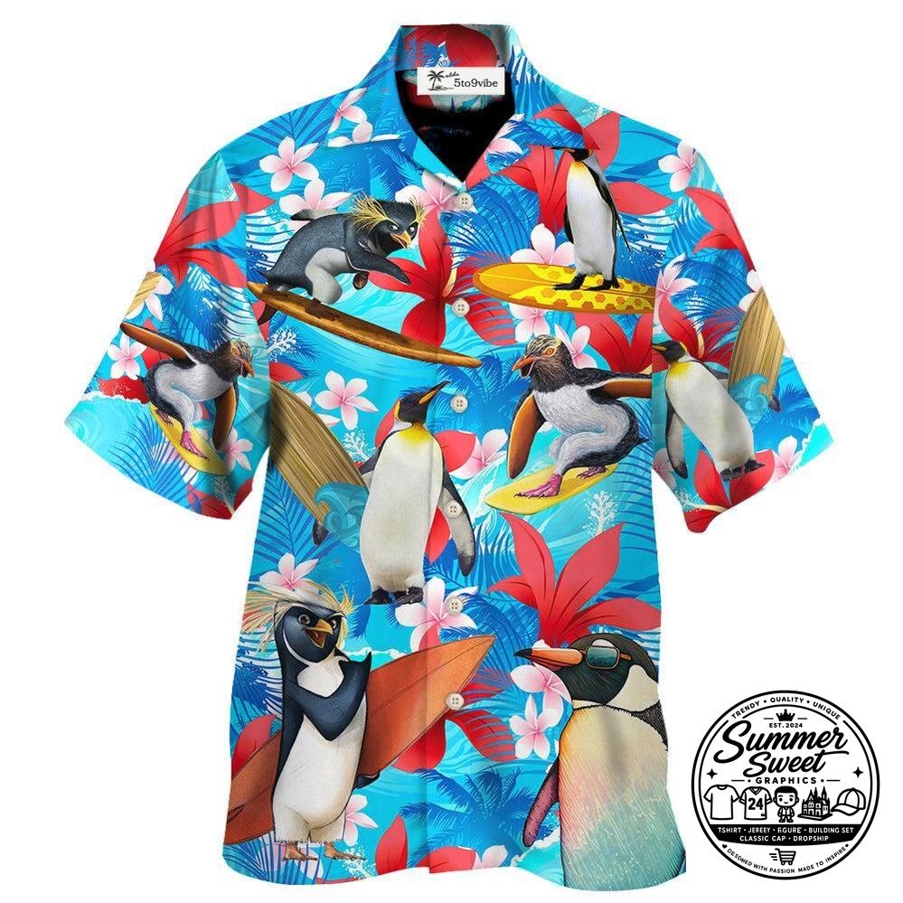 Funny Surfing Penguin Hawaiian Shirt Summer Beach Vacation Apparel