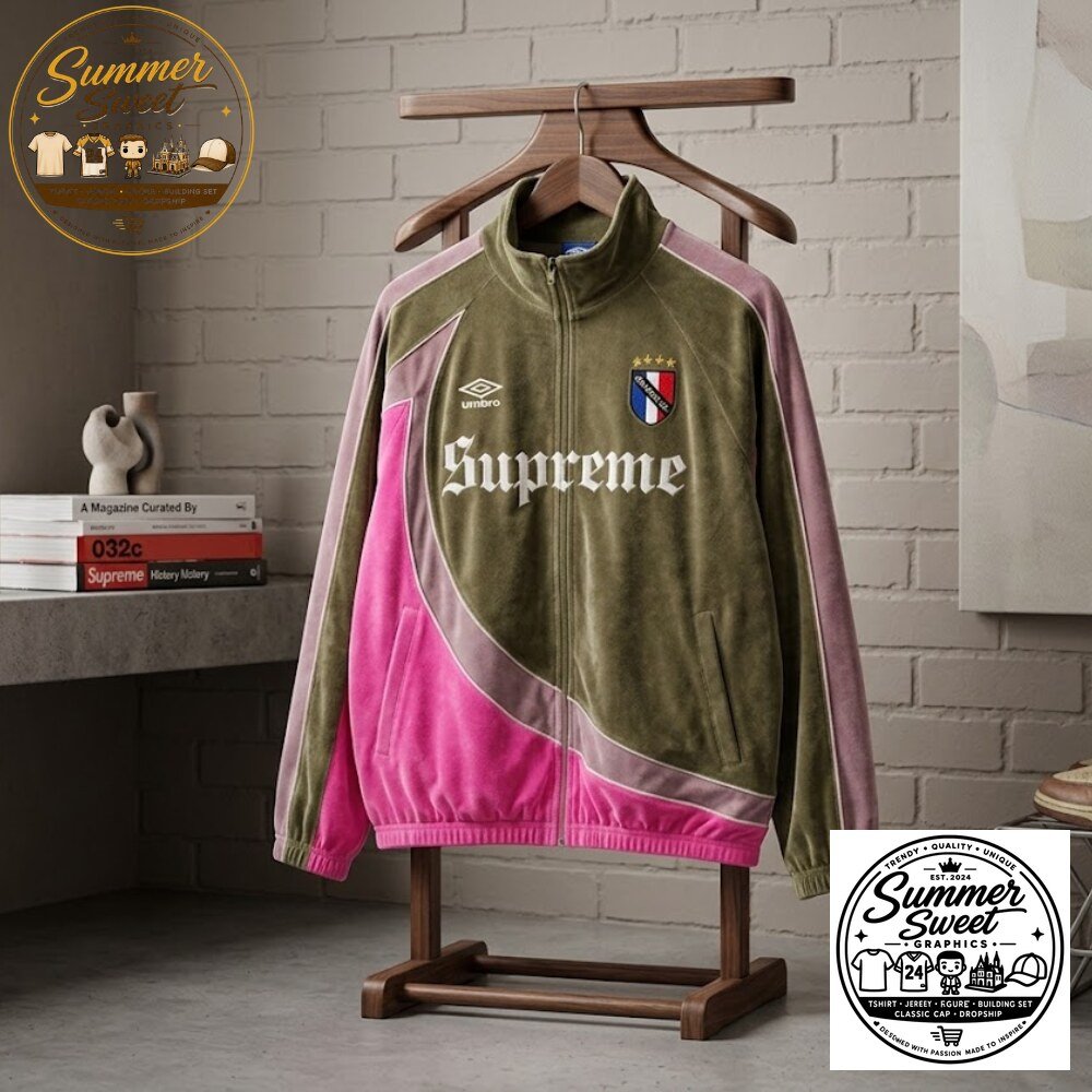 Supreme x Umbro Velour Track Jacket Olive Green & Pink Streetwear Jacket 3 Supreme x Umbro Velour Track Jacket Olive Green & Pink Streetwear Jacket