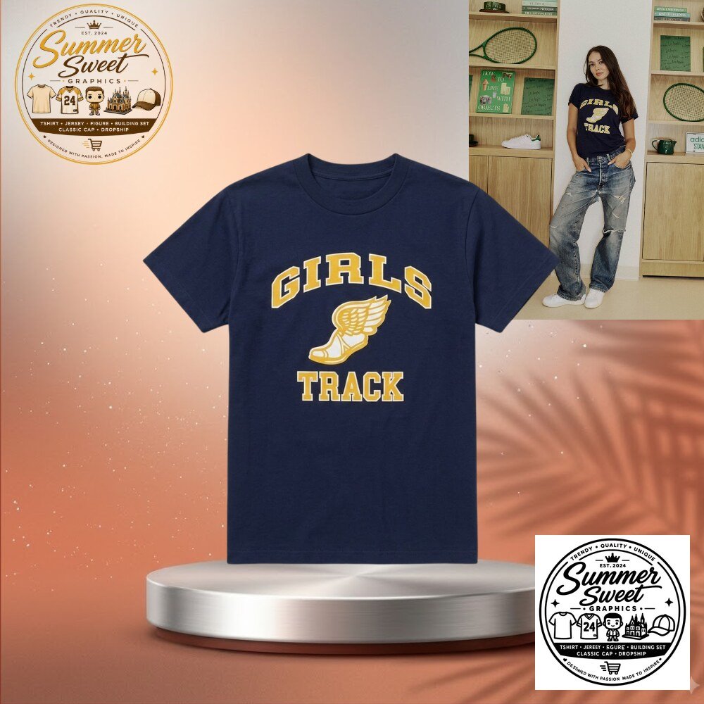 Track Girls Vintage Graphic T-Shirt Navy Blue Winged Shoe Athletic Tee
