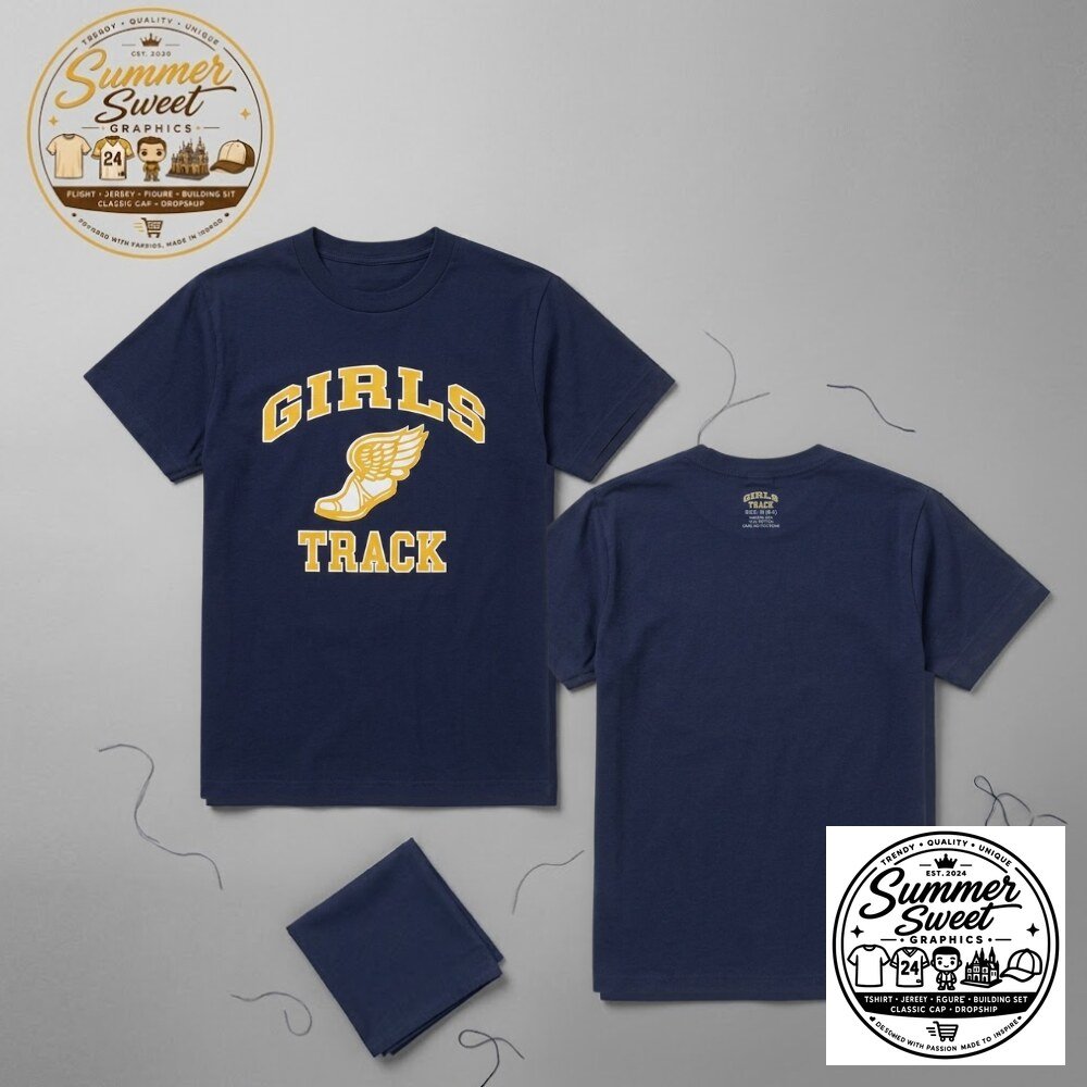 Track Girls Vintage Graphic T-Shirt Navy Blue Winged Shoe Athletic Tee 3 Track Girls Vintage Graphic T-Shirt Navy Blue Winged Shoe Athletic Tee