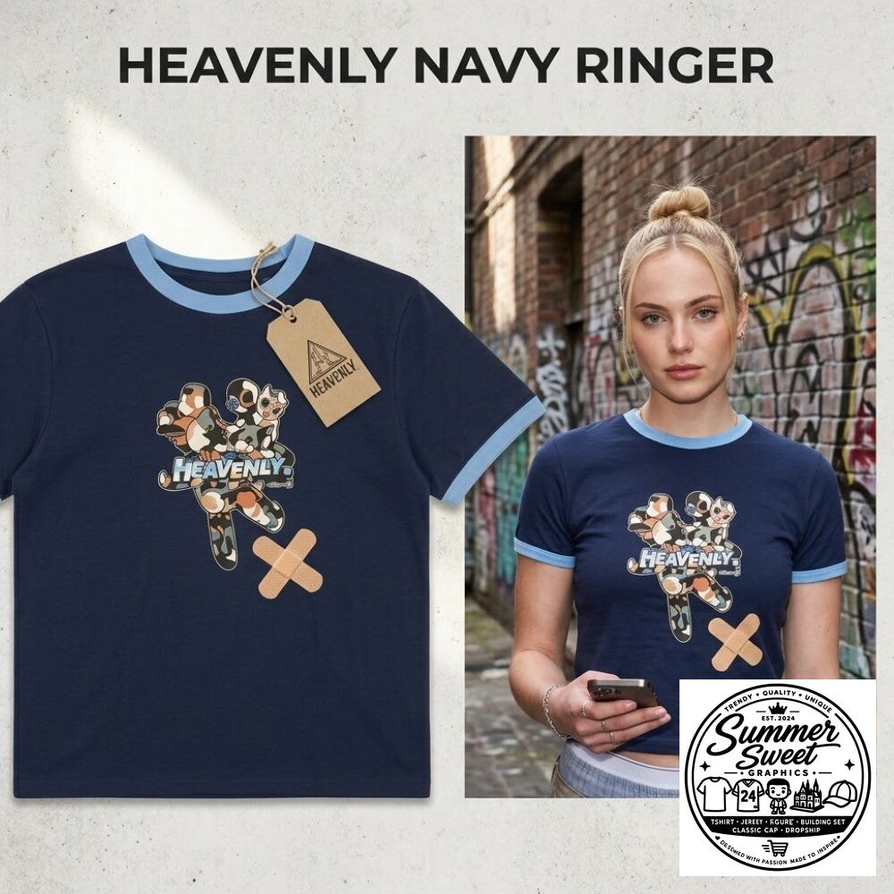 Heavenly Navy Ringer Tee Y2K Aesthetic Bandage Cat Graphic Shirt