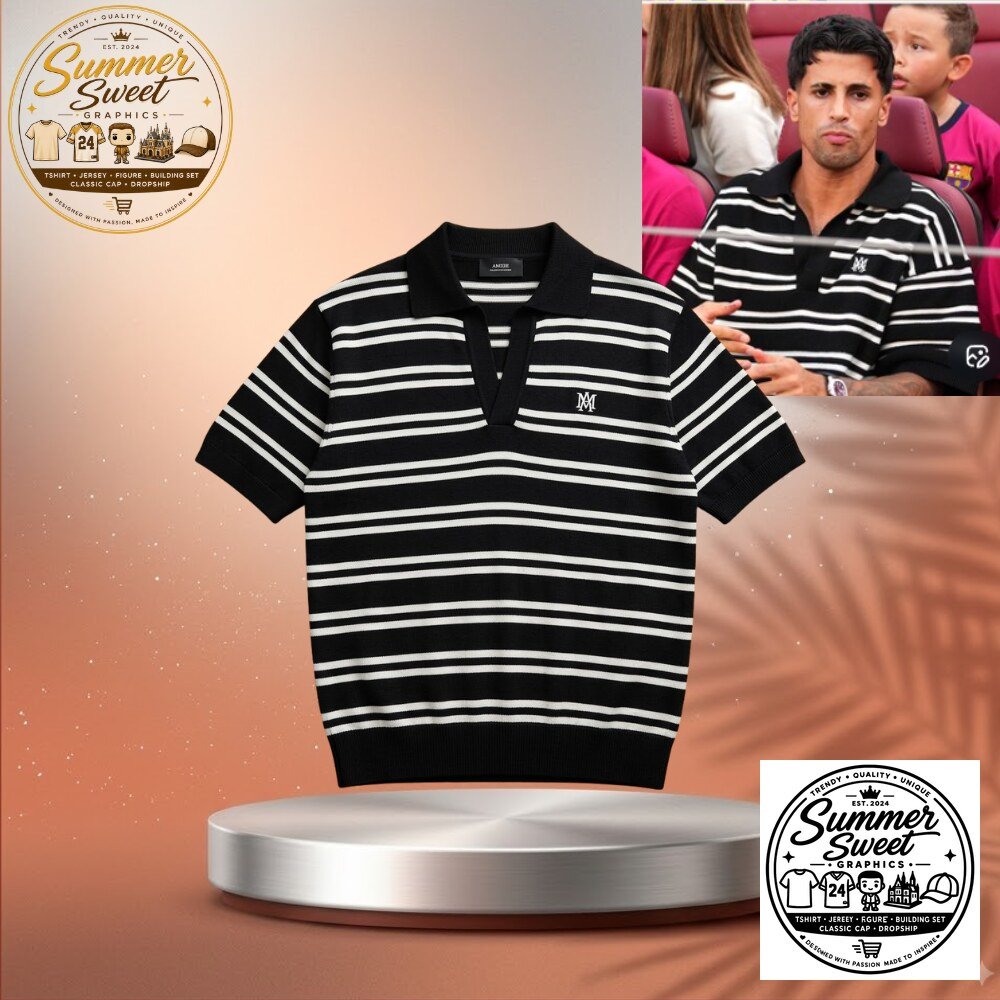 Joao Cancelo x Men's Black & White Striped Knit Polo Shirt Retro Luxe Streetwear