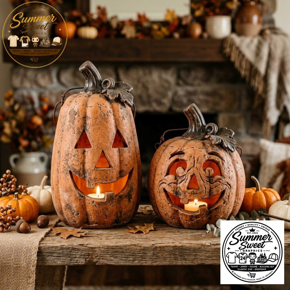 Vintage Terracotta Pumpkin Lantern Set Rustic Farmhouse Halloween Cozy Decor