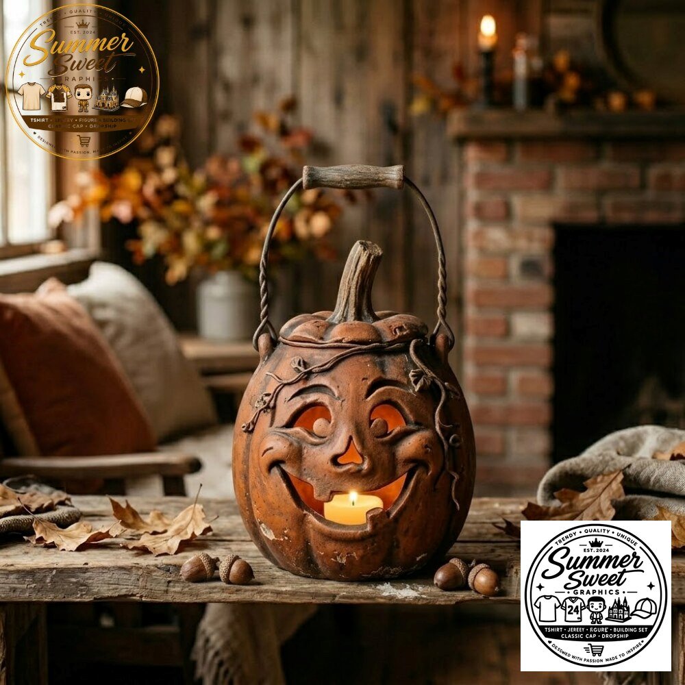 Rustic Ceramic Pumpkin Lantern with Handle Antique Halloween Candle Holder