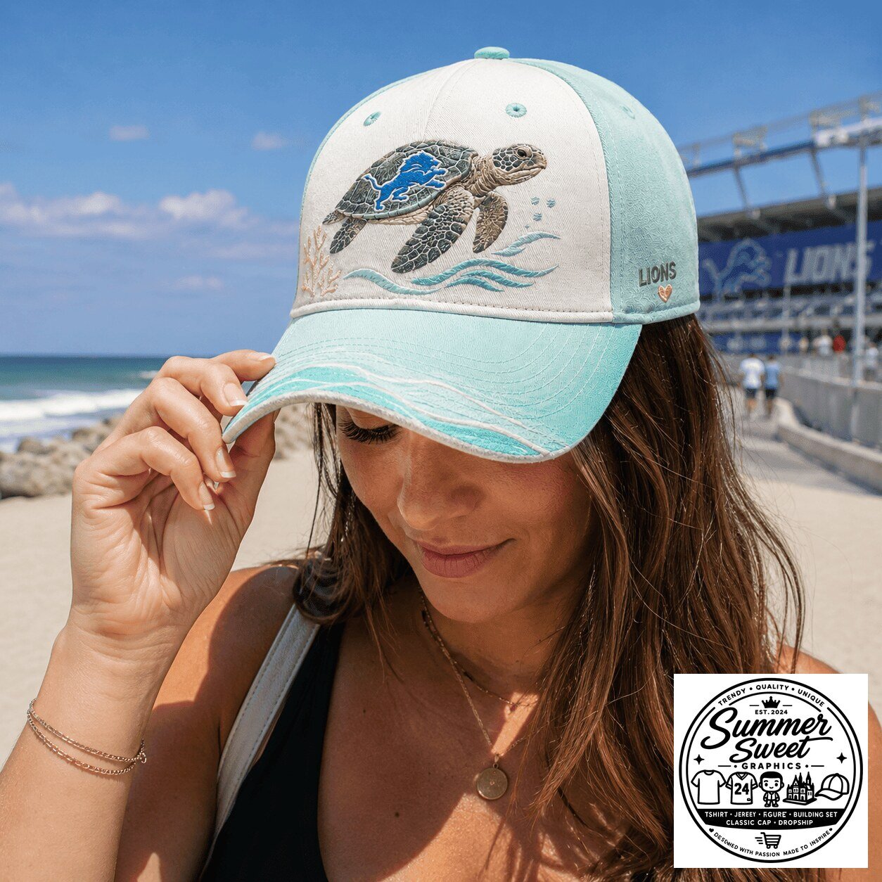 Detroit Lions Football Sea Turtle Embroidered Baseball Cap Hat
