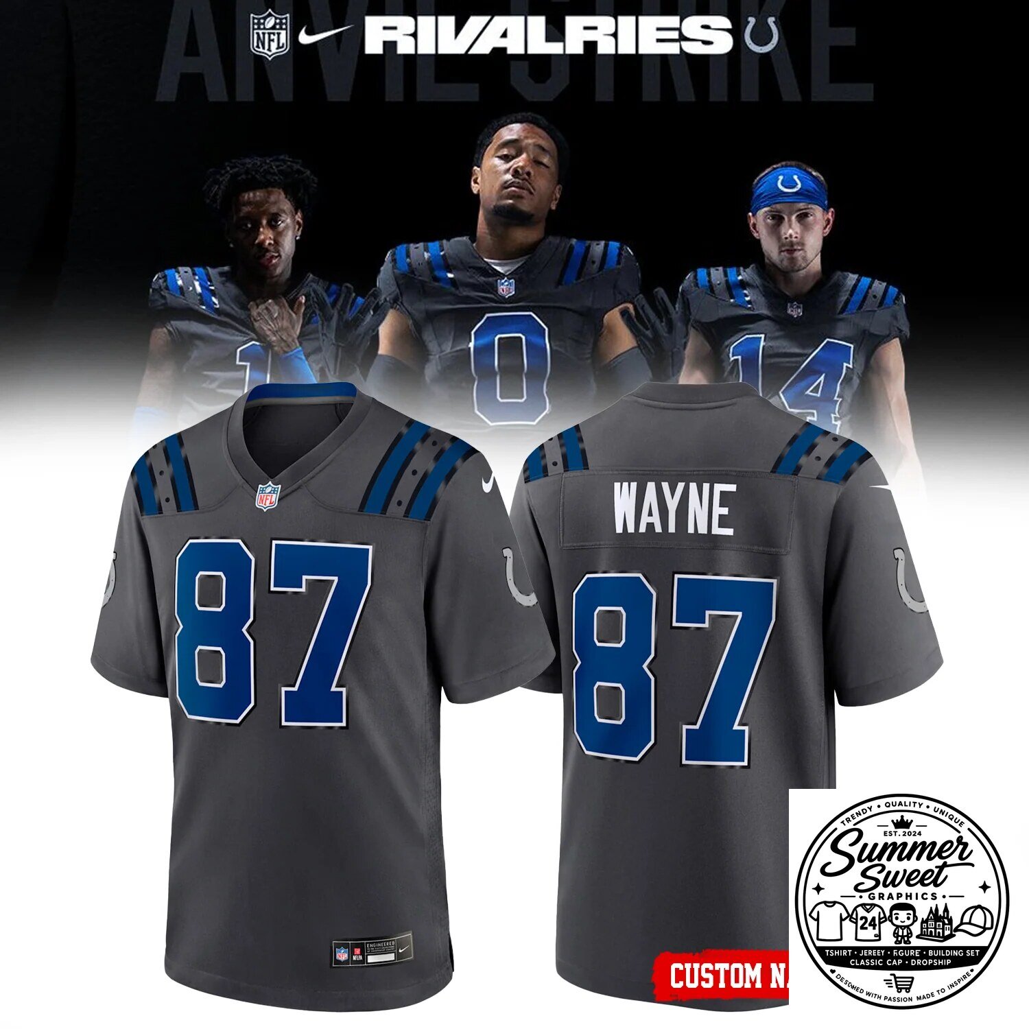 Indianapolis Colts Football Team Gray Custom Name And Number Jersey