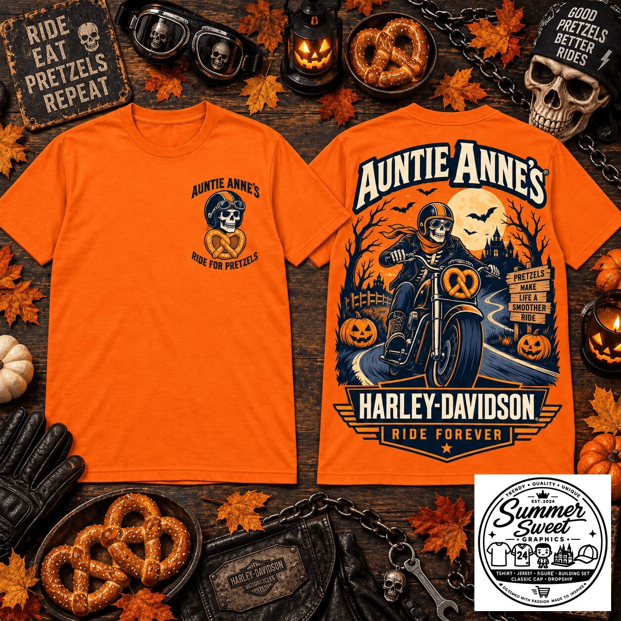 Harley Davidson Auntie Anne's Pretzel Biker Halloween Graphic T-Shirt