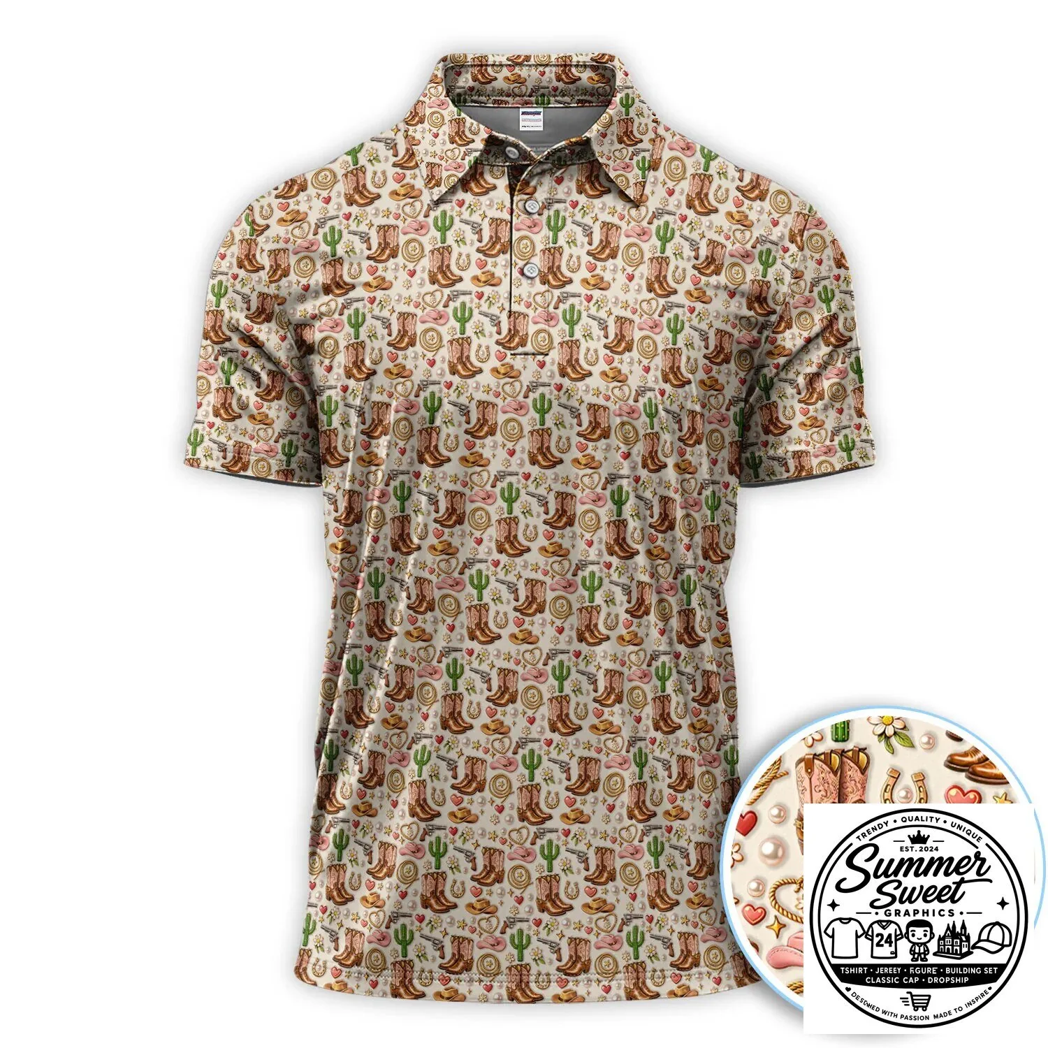 Western Cowboy Boots Cactus Heart Pattern Polo Shirt