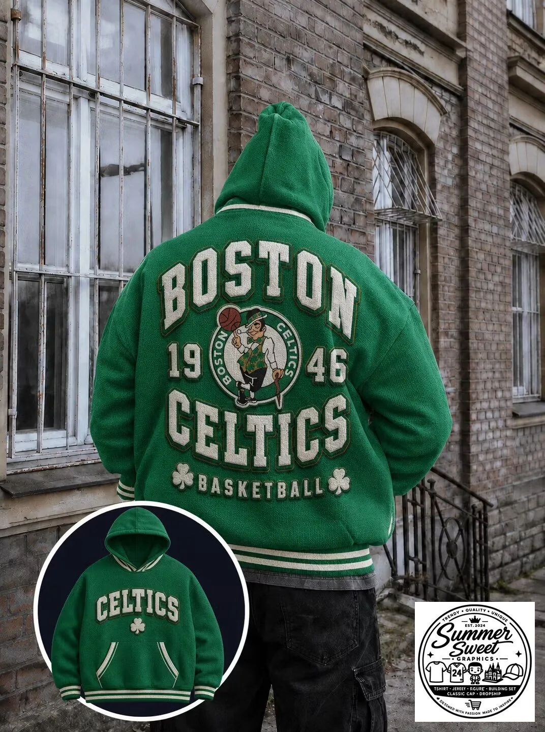 Boston Celtics Basketball Green Embroidered Hooded Sweatshirt