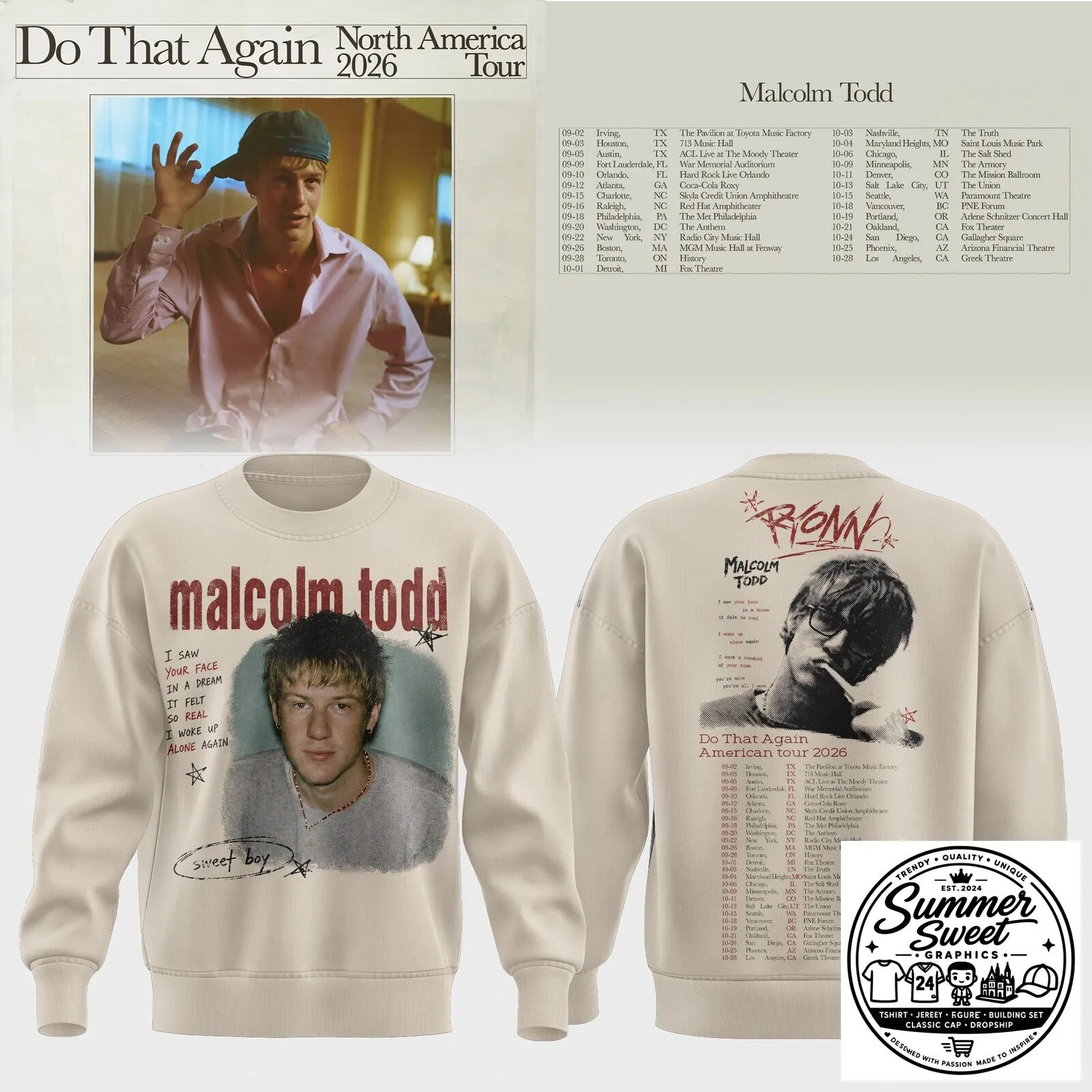 2026 North America Tour Sweatshirt for Malcolm Todd's Do That Again Concert Dates