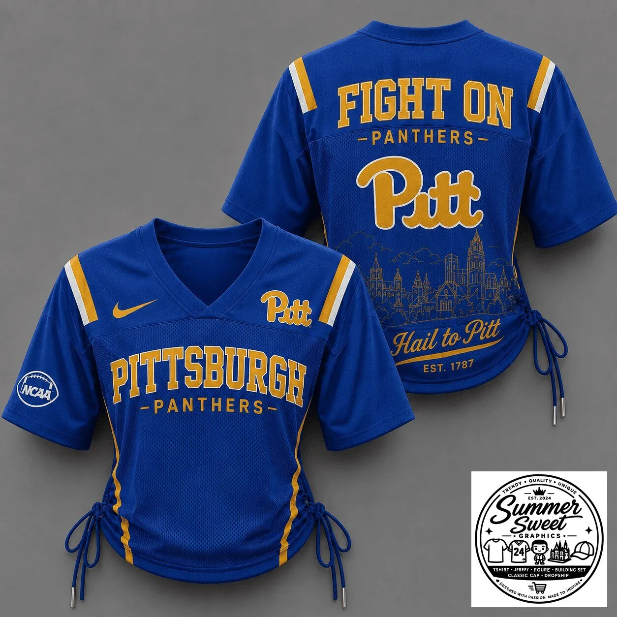 Pittsburgh Panthers Women's Blue Football Jersey with Lace-Up Sides