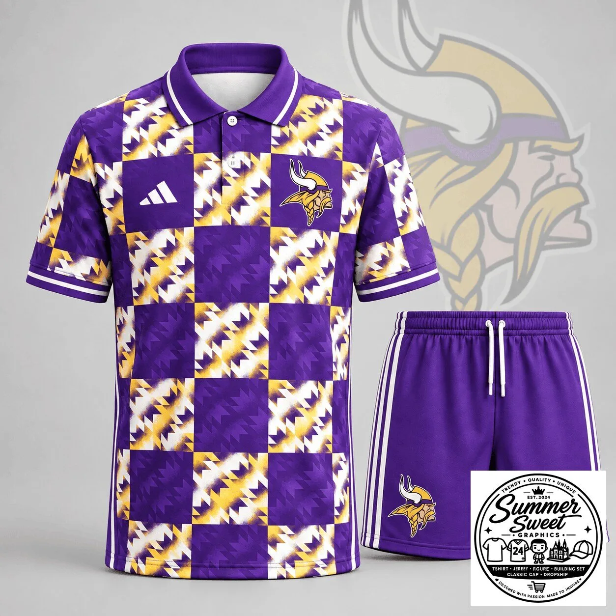 Minnesota Vikings Retro Pattern Polo Shirt and Shorts Set