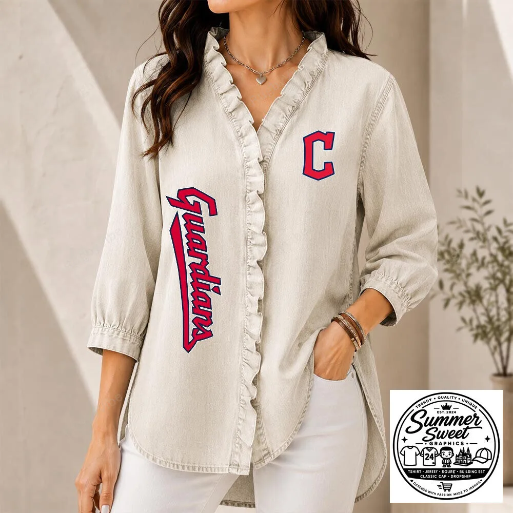 Cleveland Guardians Women's Ruffle Collar Button Down Long Sleeve Shirt