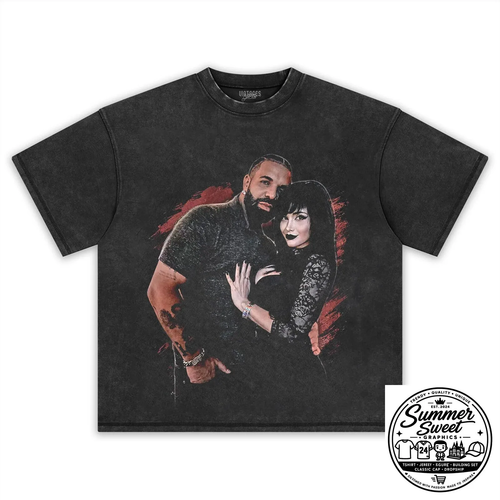 Drake and Pinkchyu Gothic Couple Black T-Shirt 8 Drake and Pinkchyu Gothic Couple Black T-Shirt