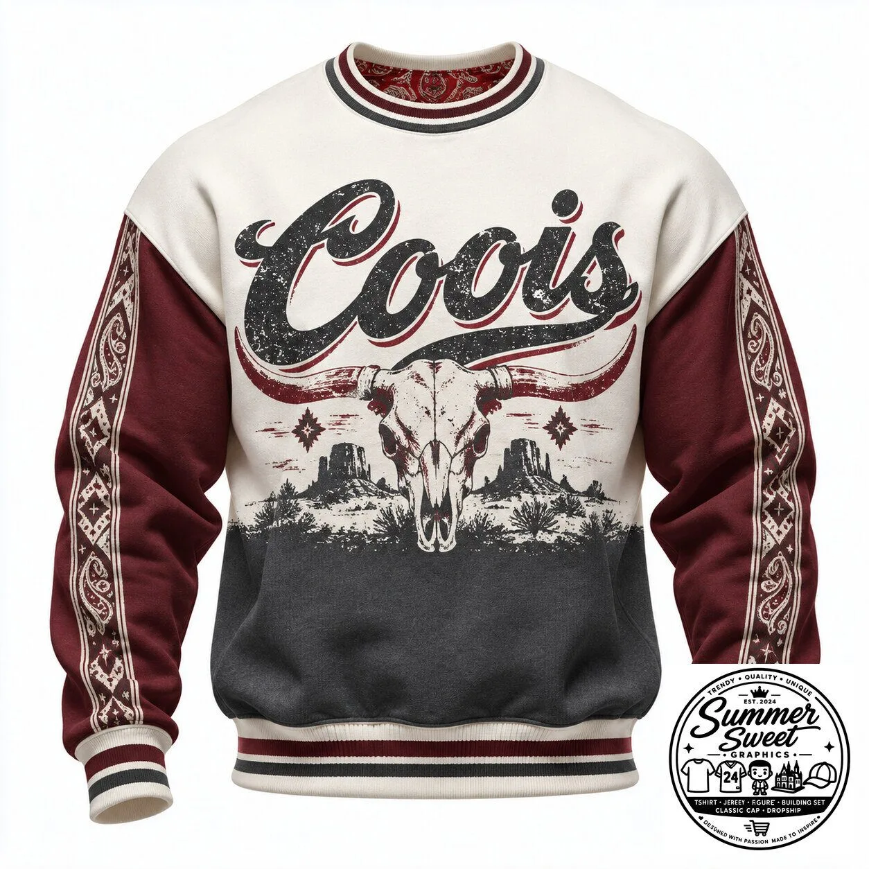 Coors Rodeo Western Skull Print Long Sleeve Crewneck Sweatshirt