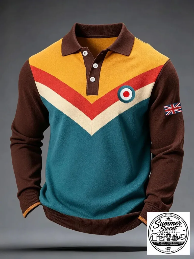 Retro Mod Style Color Block Long Sleeve Polo Shirt with Target and Union Jack