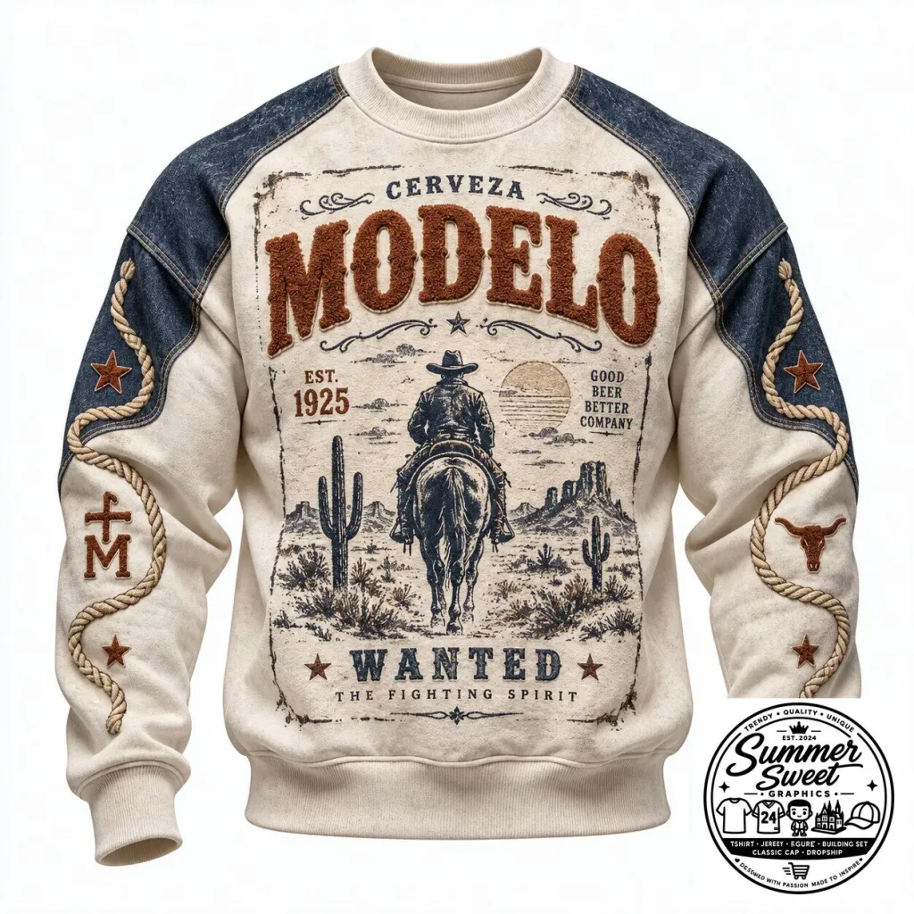Modelo Cerveza Wanted Cowboy Western Desert Graphic Sweatshirt