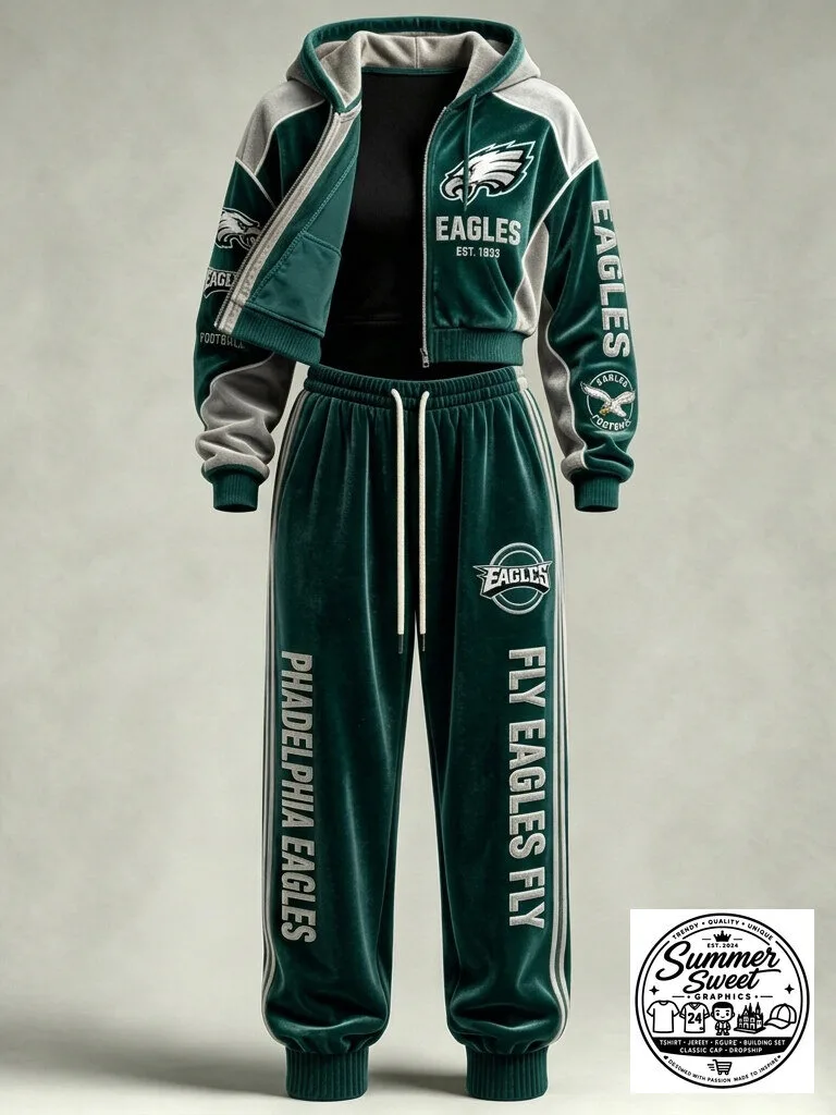 Philadelphia Eagles Velour Cropped Hoodie and Joggers Tracksuit Set