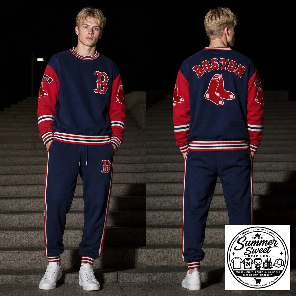 Boston Red Sox Baseball Team Logo Navy Blue and Red Crewneck Sweatshirt