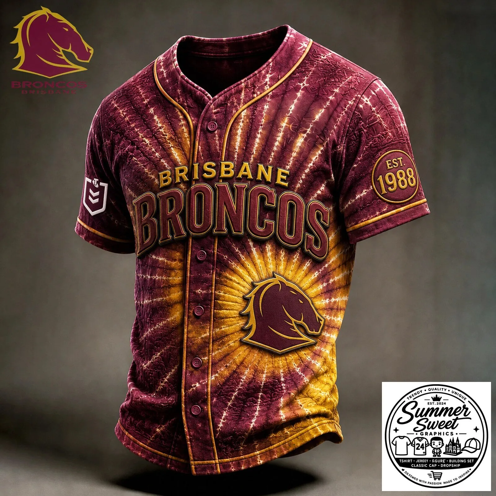 Brisbane Broncos Tie-Dye Baseball Jersey for Men and Women