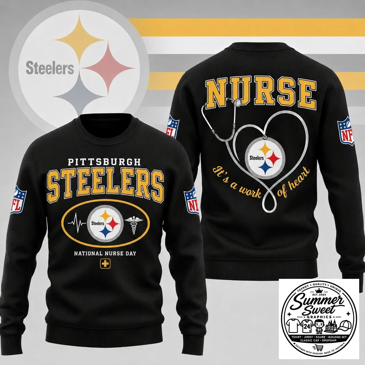 Black Sweatshirt for National Nurse Day featuring Pittsburgh Steelers Design