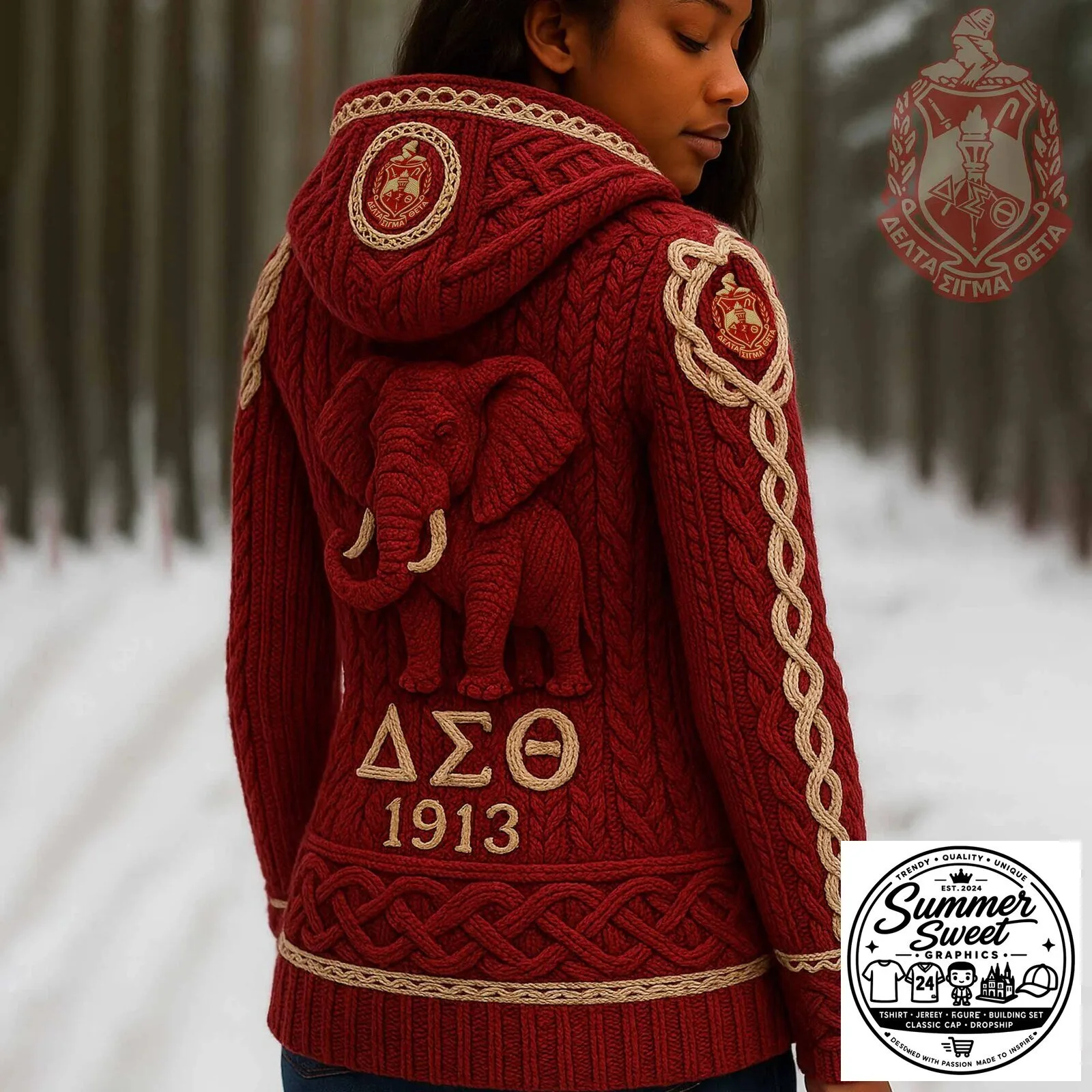 Delta Sigma Theta Sorority Elephant Embroidered Cable Knit Hoodie