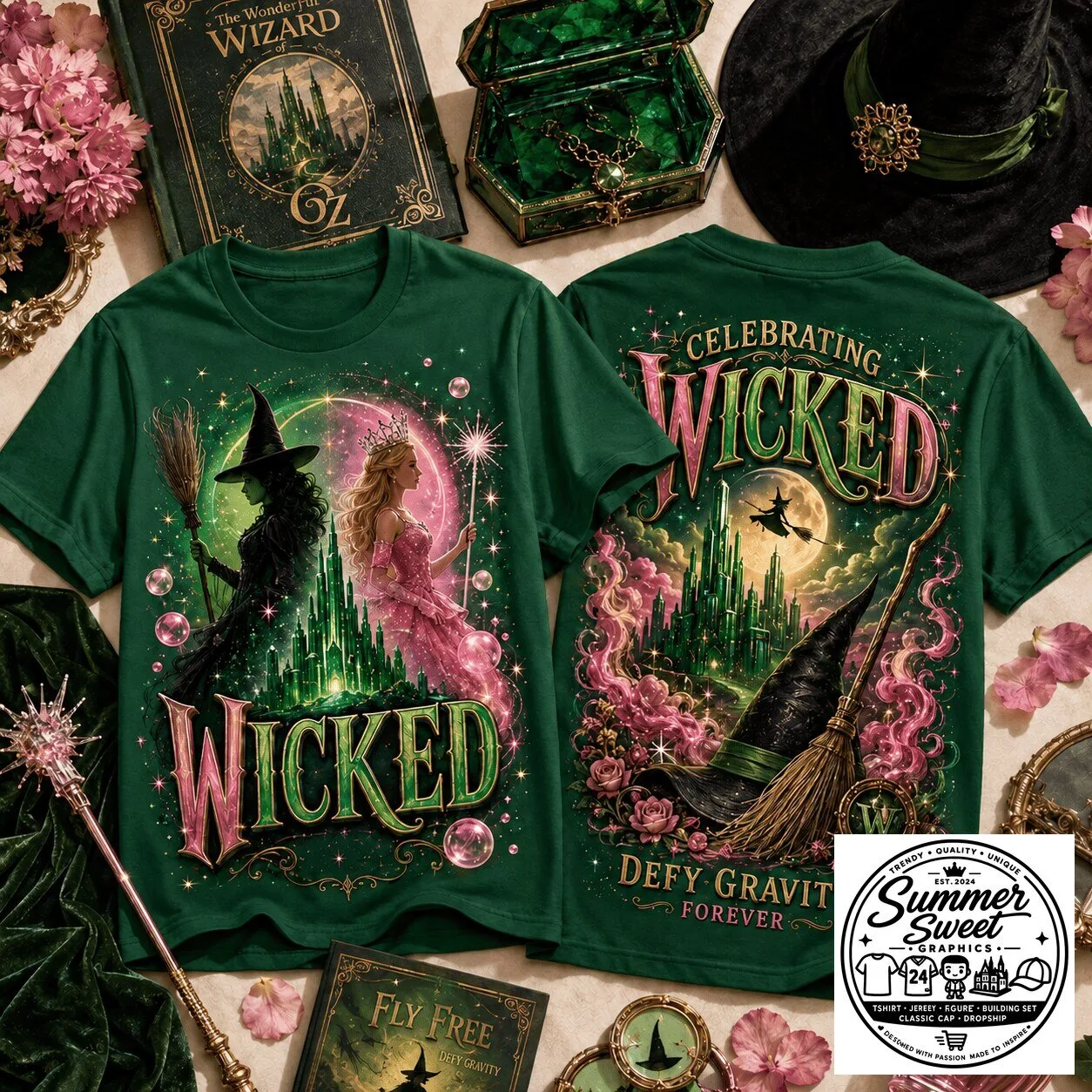Wicked Musical Shirt, Emerald City Elphaba and Glinda Defy Gravity T-Shirt