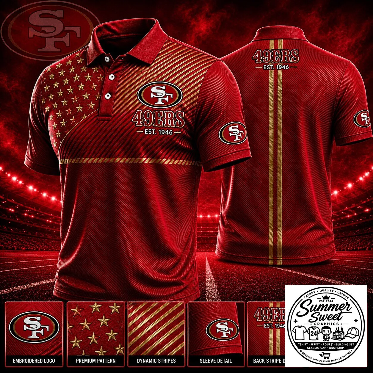 San Francisco 49ers NFL Football Team Red Gold Stars Stripes Polo Shirt