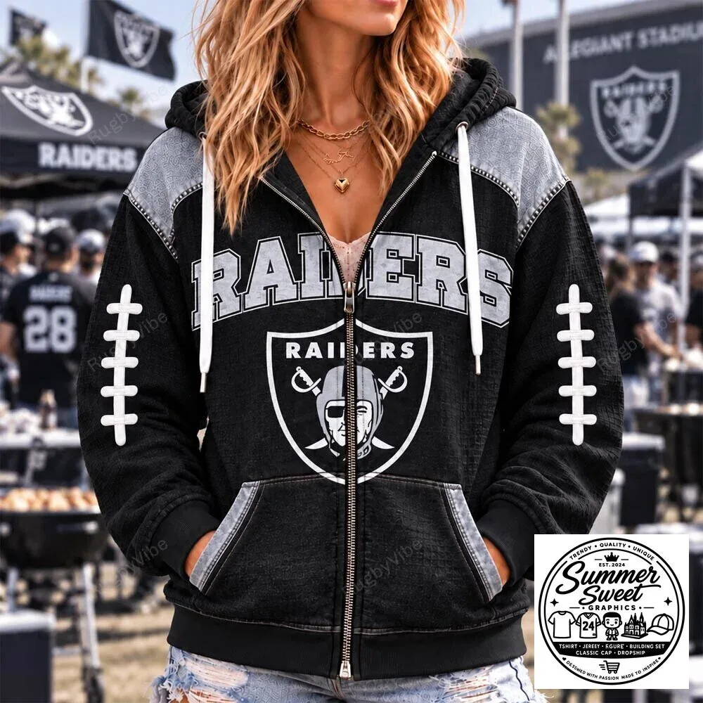 Las Vegas Raiders Football Team Black and Gray Full-Zip Hoodie