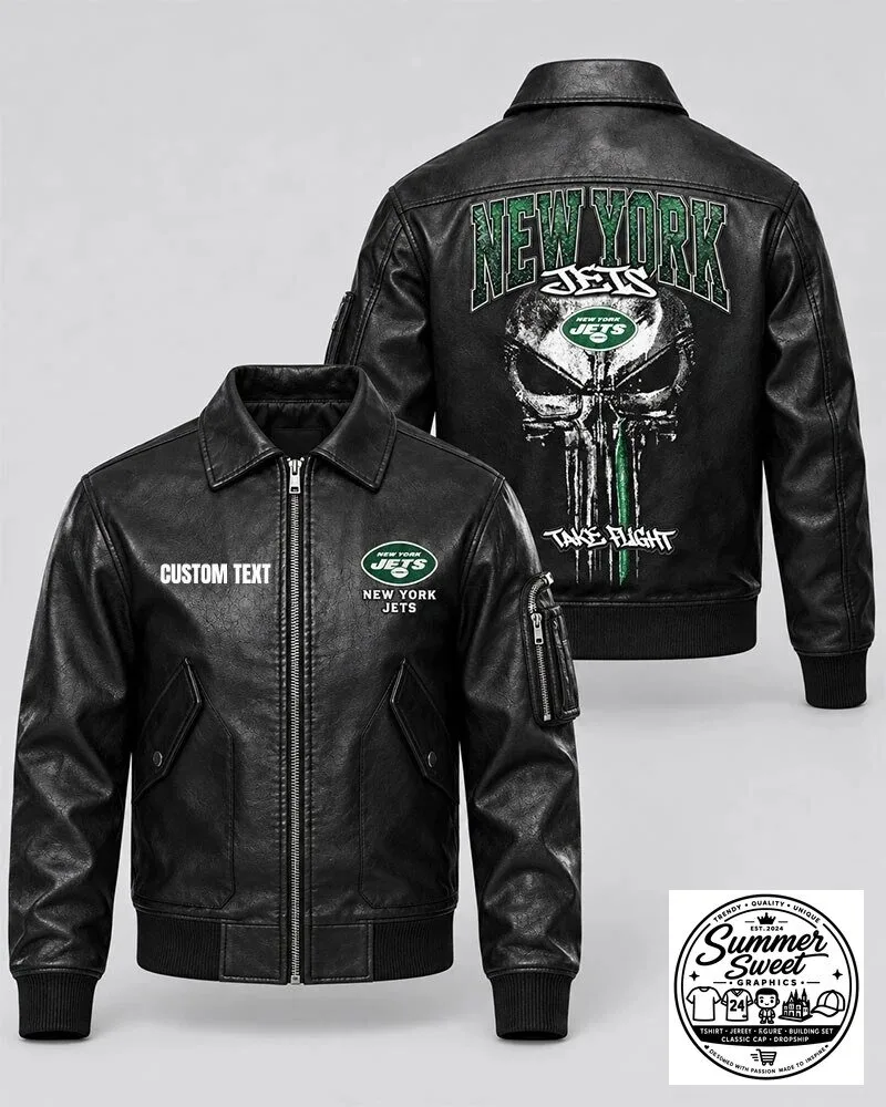 New York Jets Punisher Skull Take Flight Leather Jacket