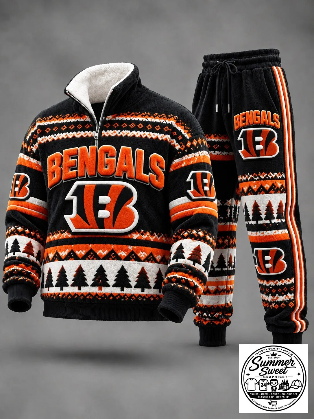 Cincinnati Bengals Ugly Christmas Sweater Quarter Zip Pullover and Sweatpants Set