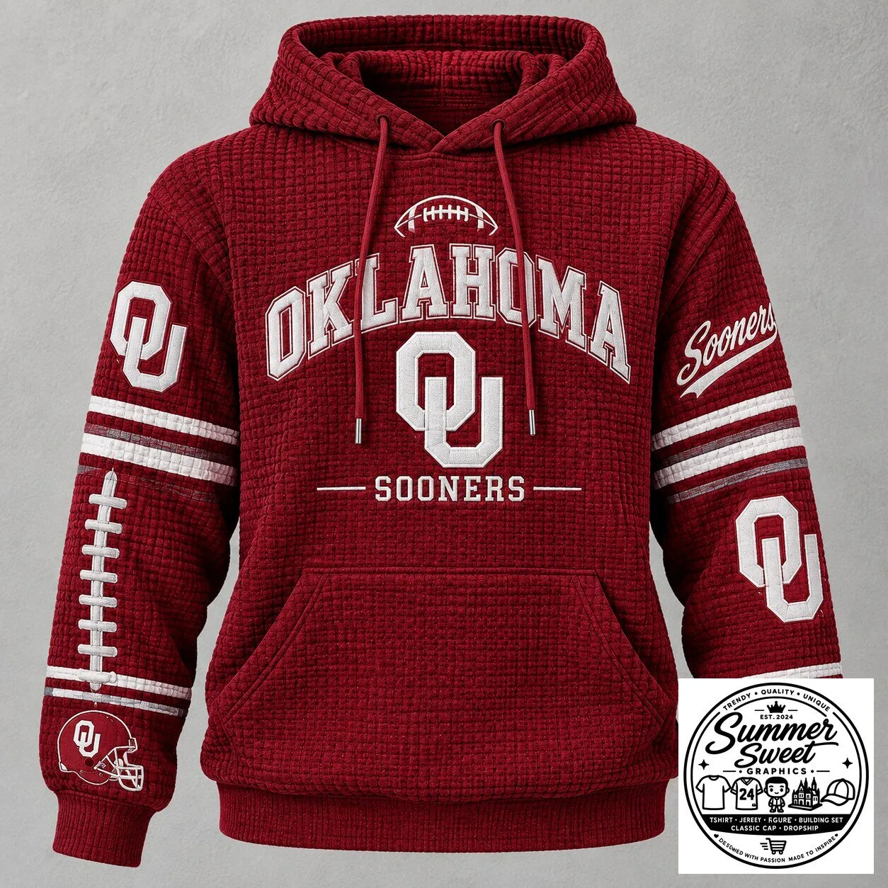 Oklahoma Sooners Football Team Logo Red Quilted Pattern Hoodie