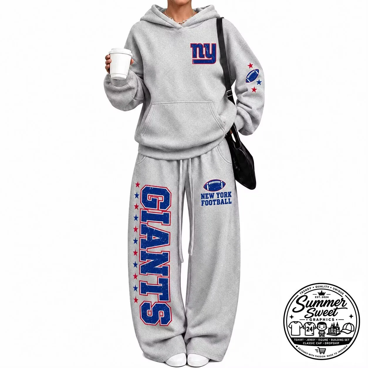 New York Giants Football Team Gray Hoodie and Sweatpants Set for Women