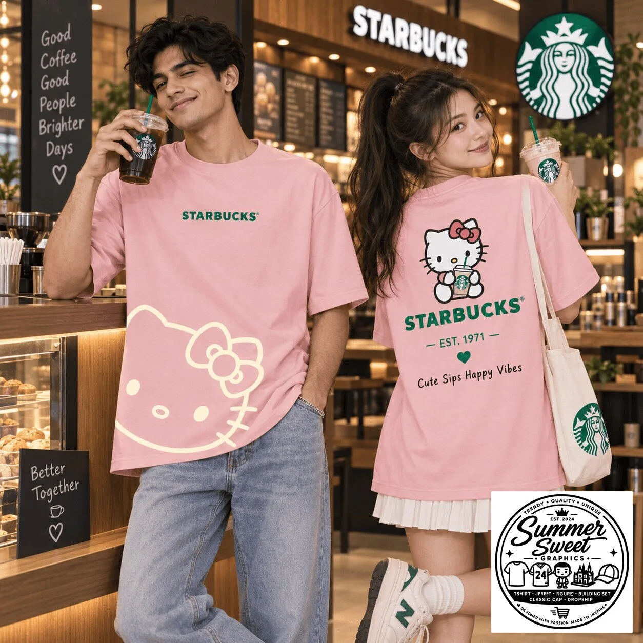 Hello Kitty Starbucks Cute Sips Happy Vibes Pink T-Shirt