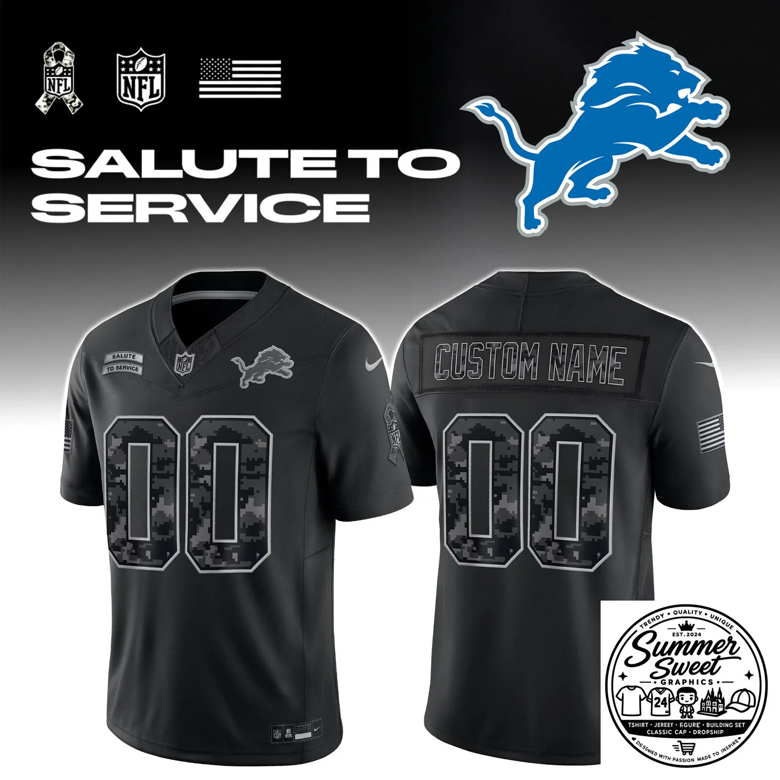 Detroit Lions Salute To Service Custom Name And Number Football Jersey