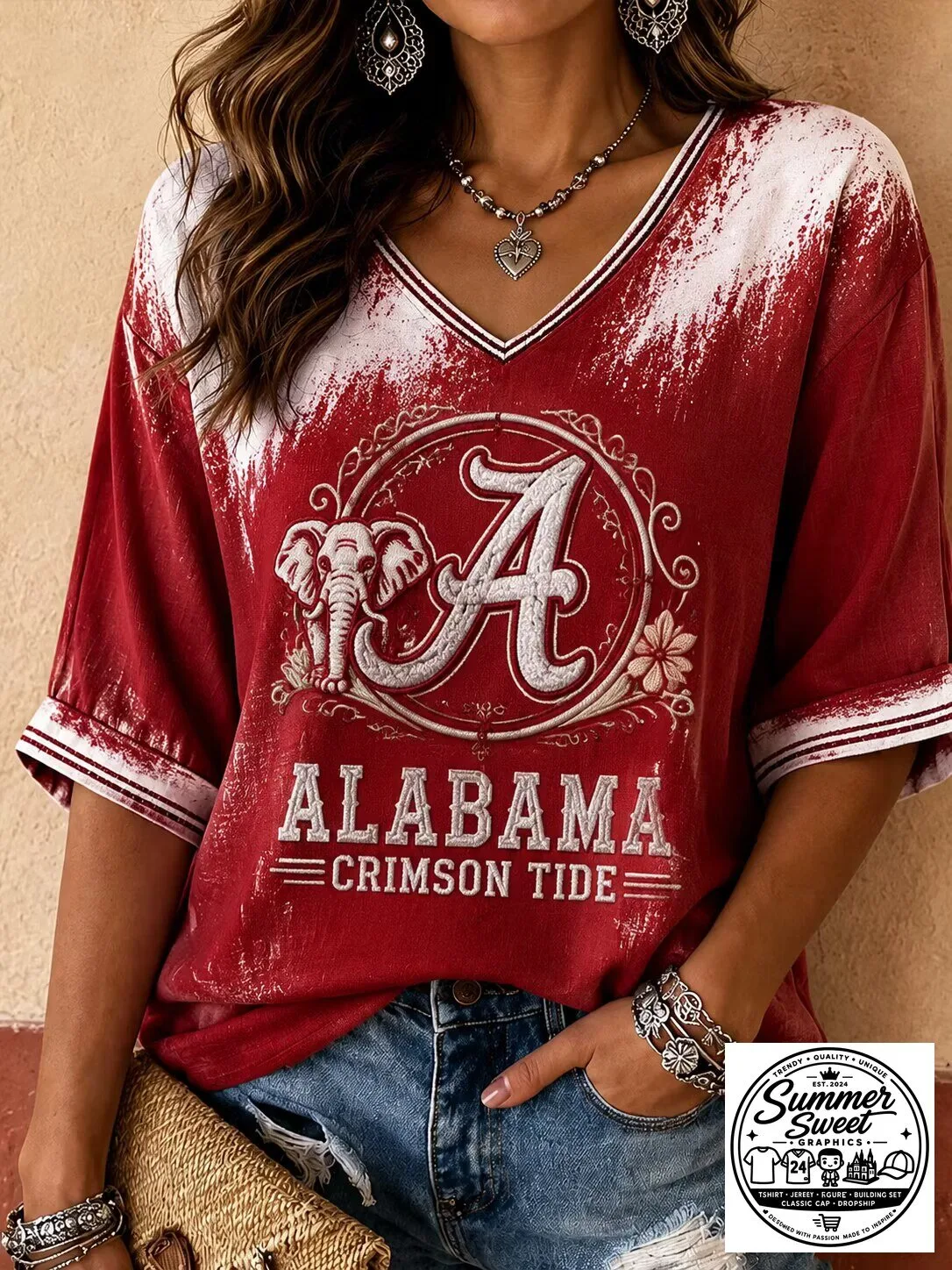 Alabama Crimson Tide Football Team Distressed V-Neck T-Shirt