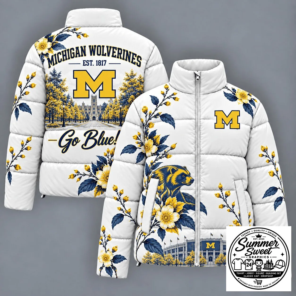 Michigan Wolverines Football Mascot Puffer Jacket with Floral Design and Stadium View 1 Michigan Wolverines Football Mascot Puffer Jacket with Floral Design and Stadium View