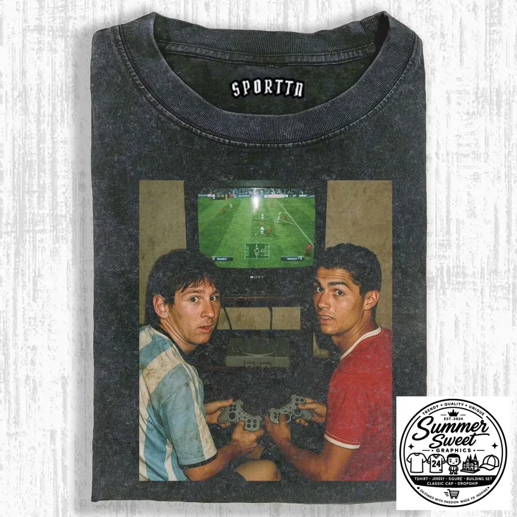 Cristiano Ronaldo and Lionel Messi Playing Video Game Washed T-Shirt 19 Cristiano Ronaldo and Lionel Messi Playing Video Game Washed T-Shirt
