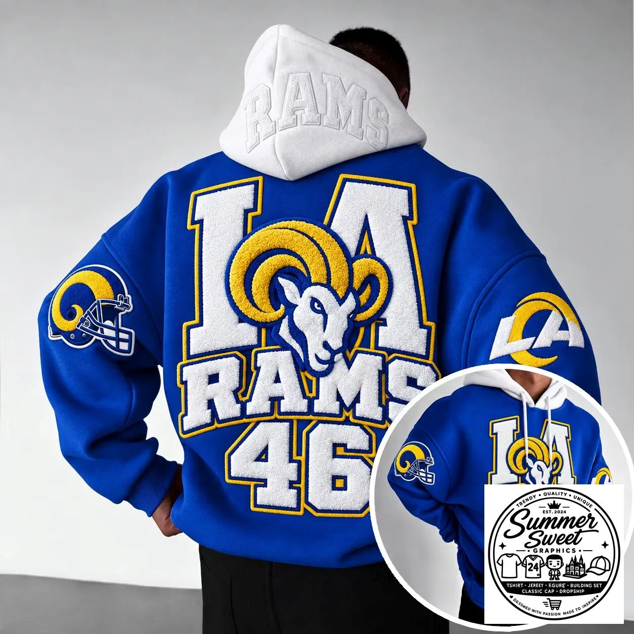 Los Angeles Rams Football Team Logo Blue and White Embroidered Hoodie