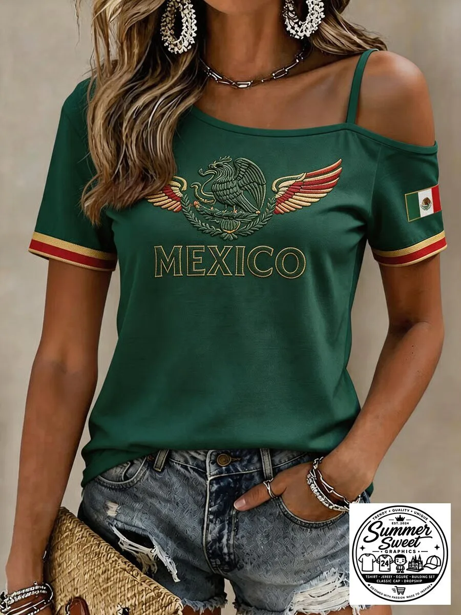 Mexico Soccer Team Women's One Shoulder Short Sleeve T-Shirt