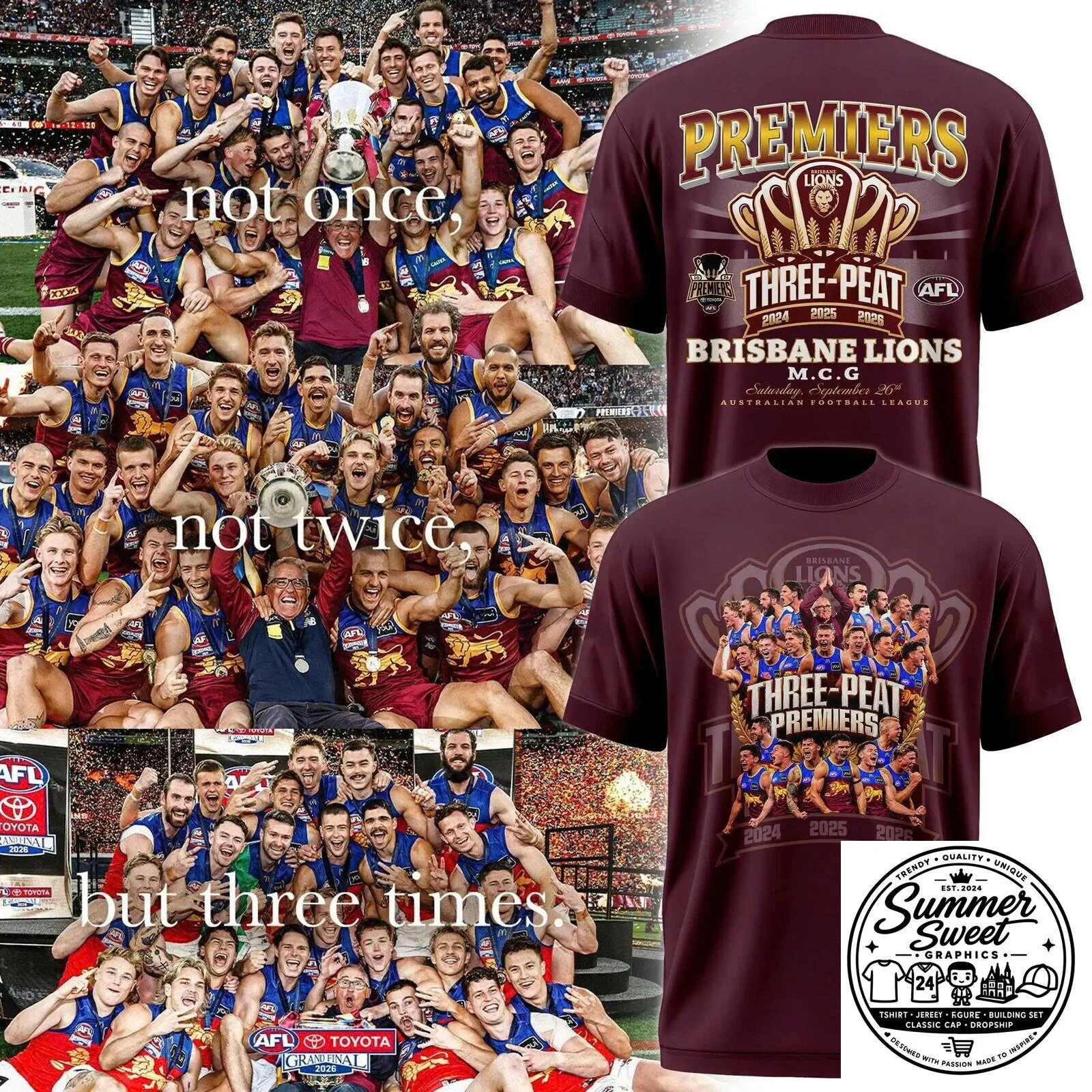 2024 2025 2026 Brisbane Lions AFL Three-Peat Premiers T-Shirt 1 2024 2025 2026 Brisbane Lions AFL Three-Peat Premiers T-Shirt