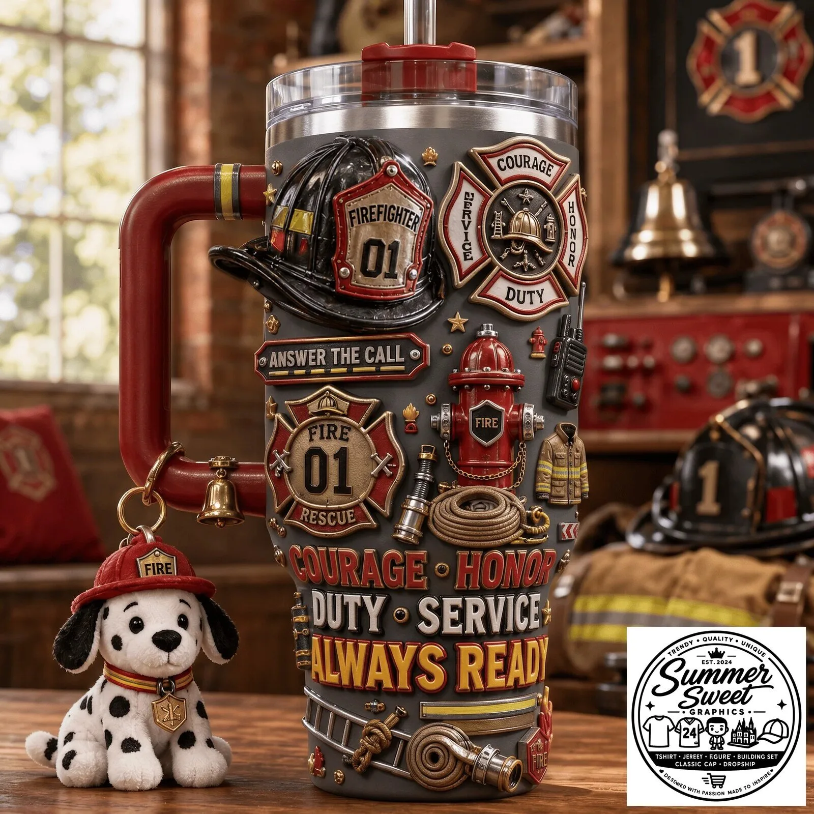 Firefighter Courage Honor Duty Service Always Ready 40oz Tumbler with Handle