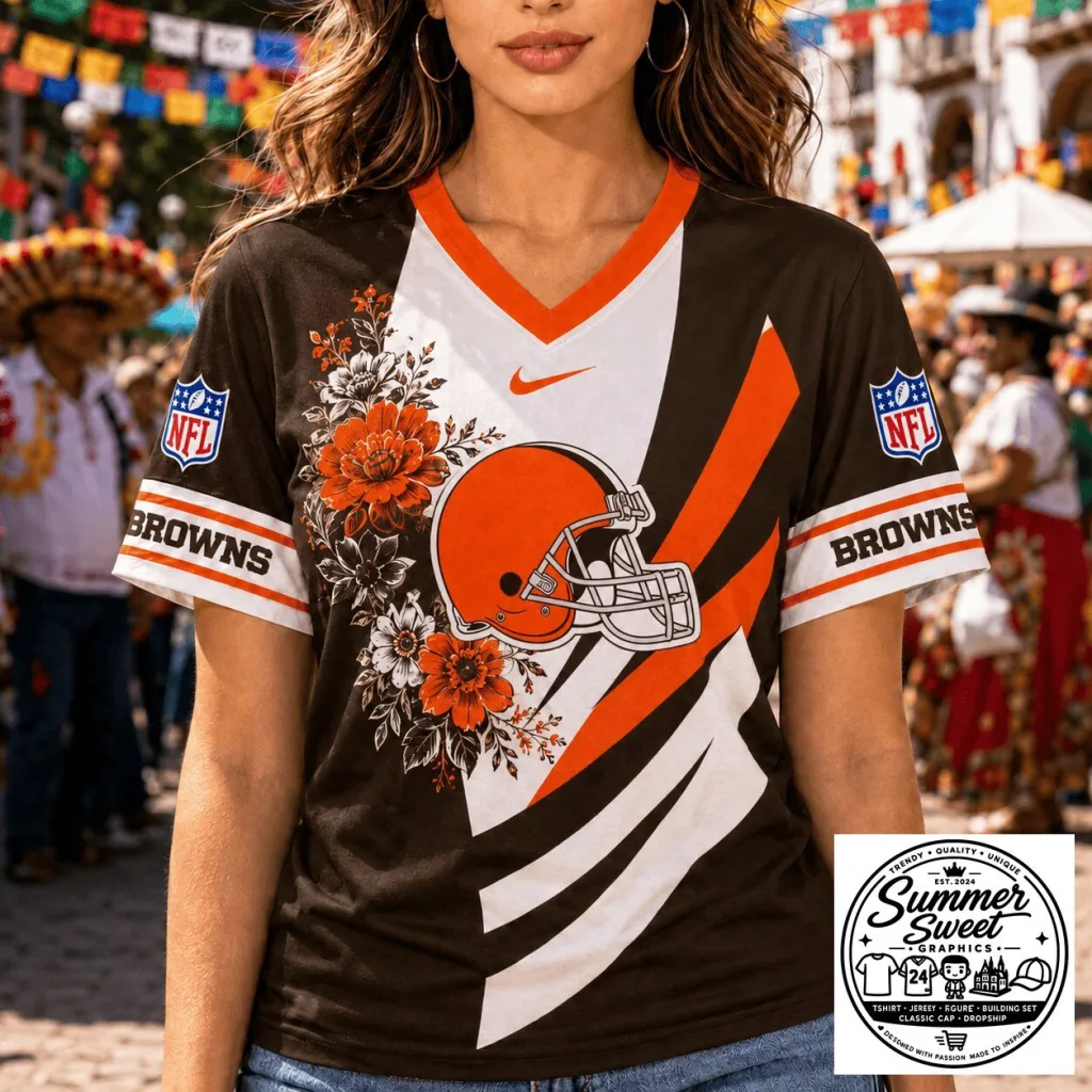 Limited Edition Signature Shoes 2-1 - "Confessions II" by Madonna 12 Cleveland Browns Football Floral Design V-Neck T-Shirt for Women