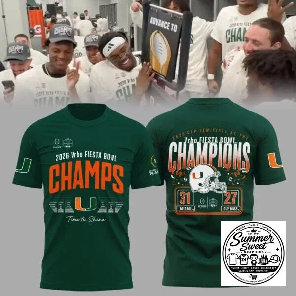 2026 Vrbo Fiesta Bowl Champions T-Shirt for Miami Hurricanes Football Fans