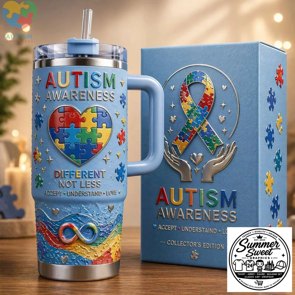Autism Awareness Different Not Less Puzzle Heart Tumbler with Handle 1 Autism Awareness Different Not Less Puzzle Heart Tumbler with Handle