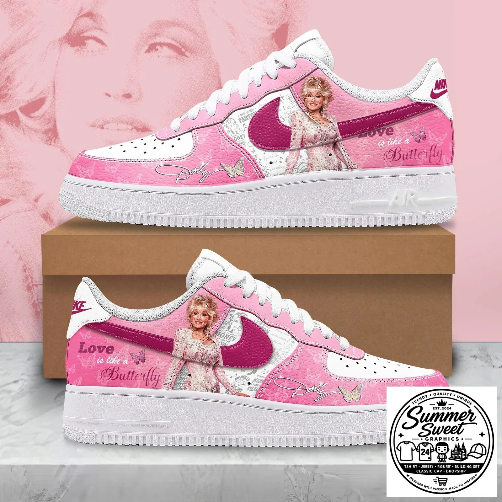 Dolly Parton Love Is Like A Butterfly Pink Custom Sneakers 1 Dolly Parton Love Is Like A Butterfly Pink Custom Sneakers