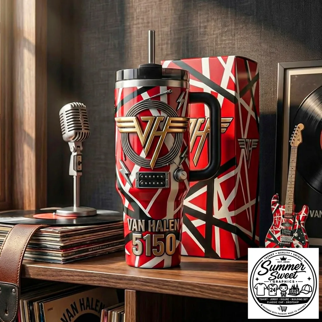 Van Halen 5150 Red and Black Stripe Pattern Tumbler with Handle 19 Van Halen 5150 Red and Black Stripe Pattern Tumbler with Handle