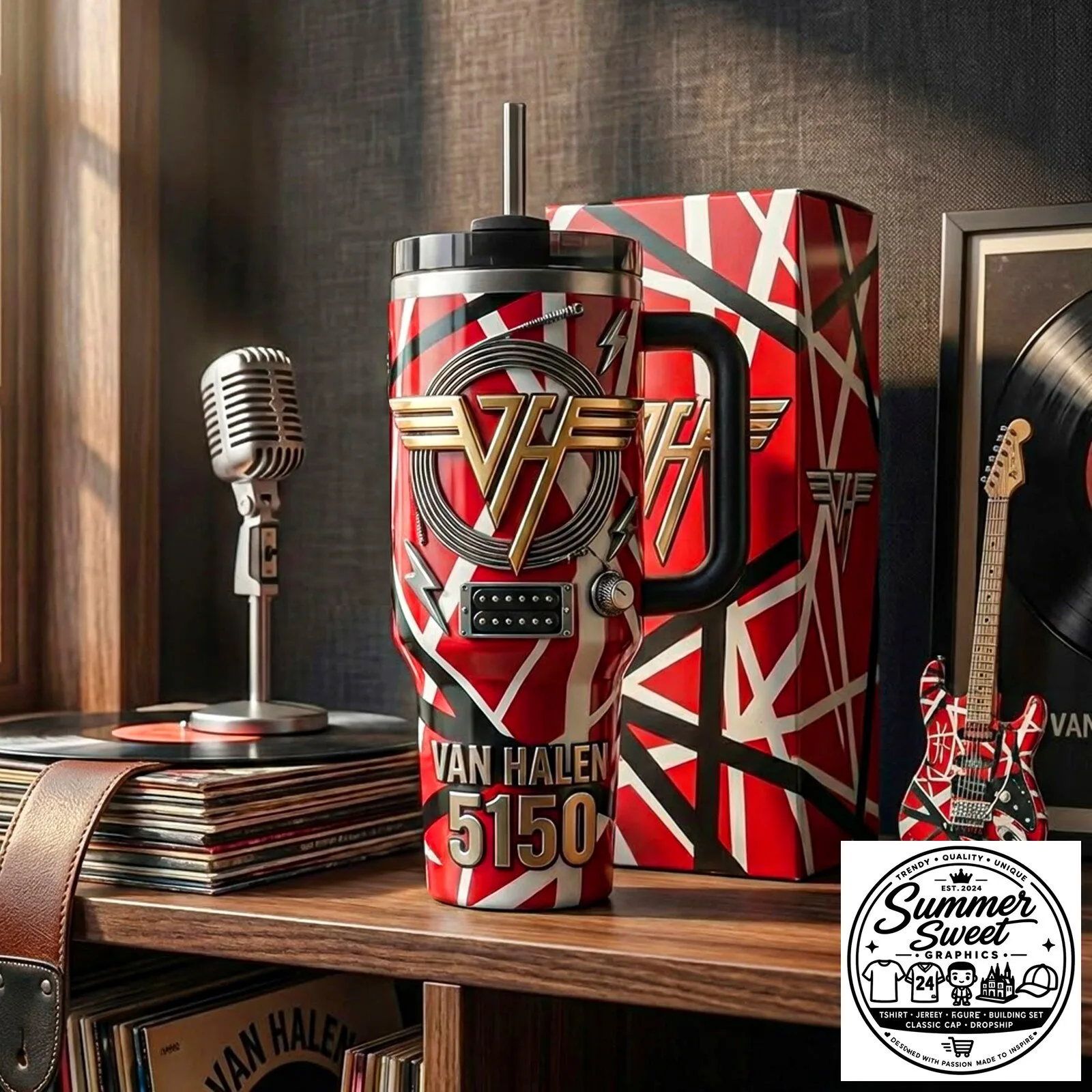 Van Halen 5150 Red and Black Stripe Pattern Tumbler with Handle