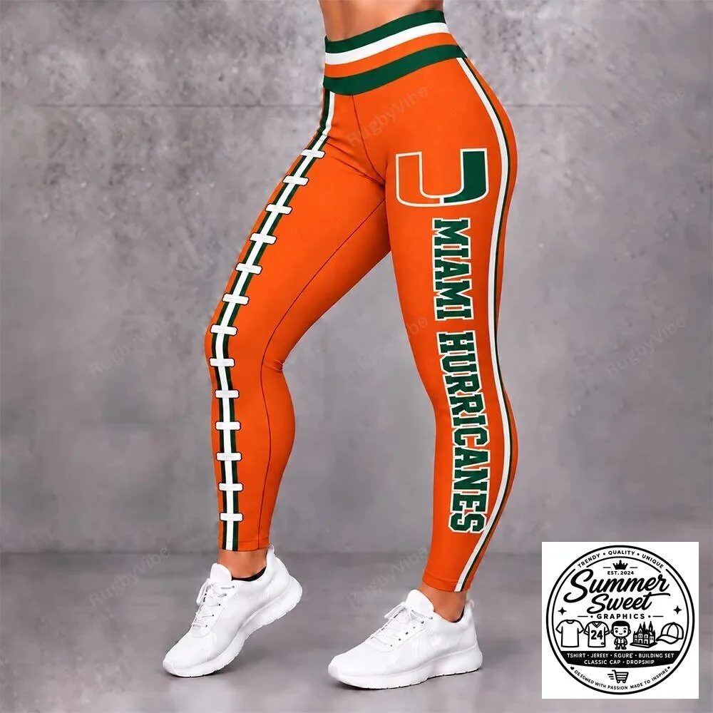 Miami Hurricanes Football Team Logo Orange and Green Striped Womens Leggings 16 Miami Hurricanes Football Team Logo Orange and Green Striped Womens Leggings